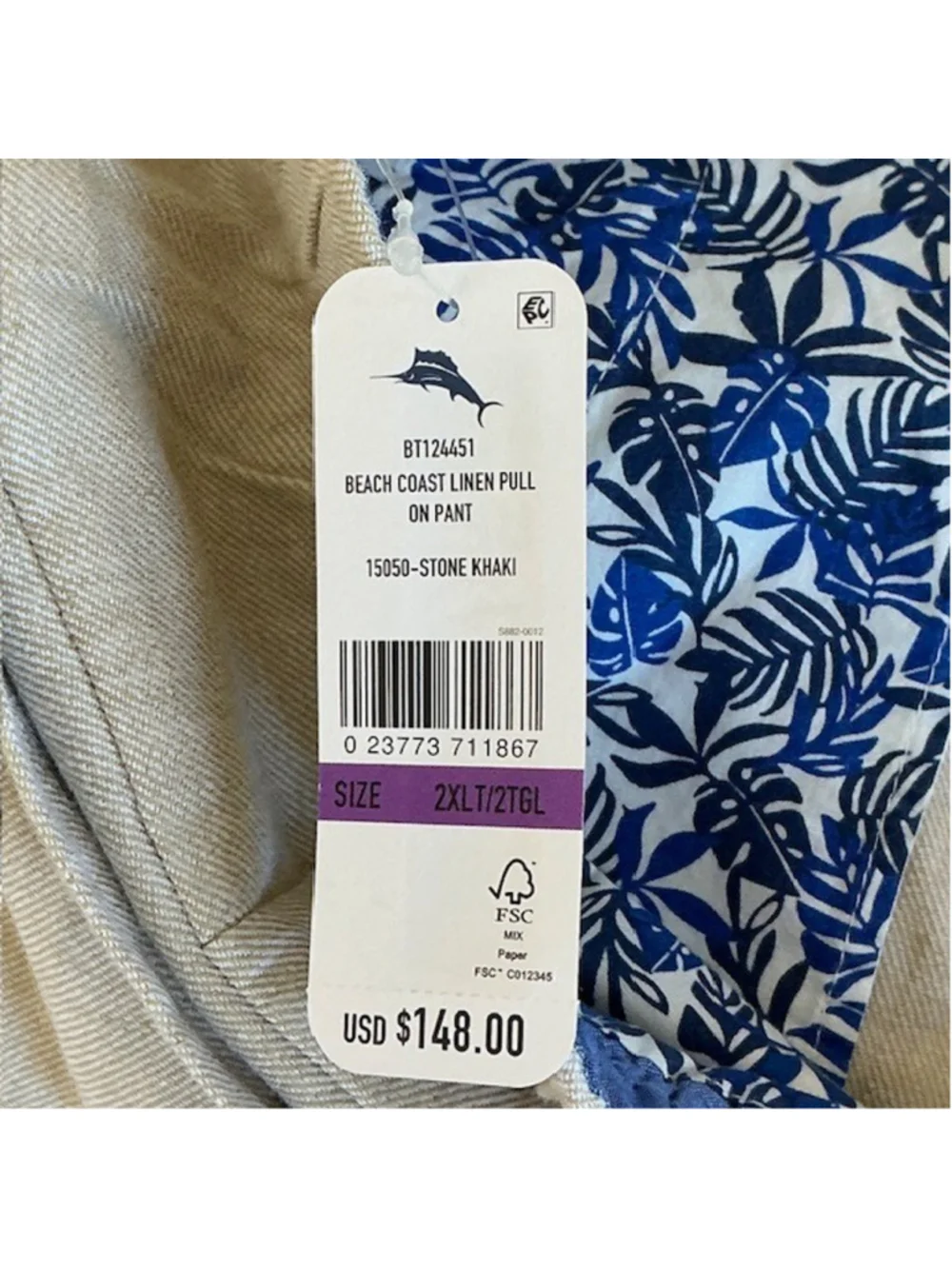 Tommy Bahama NWT Pants 2XLT Beach Coast Linen Blend Pull On Stone Khaki Men Tall